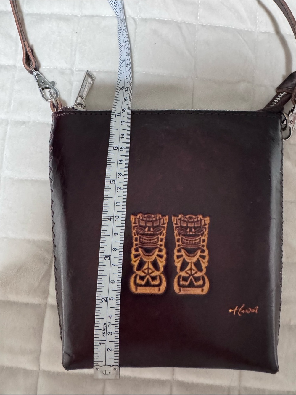 Dark Brown Leather Crossbody Bag with Embossed Tiki Design from Hawaii - Picture 4 of 9